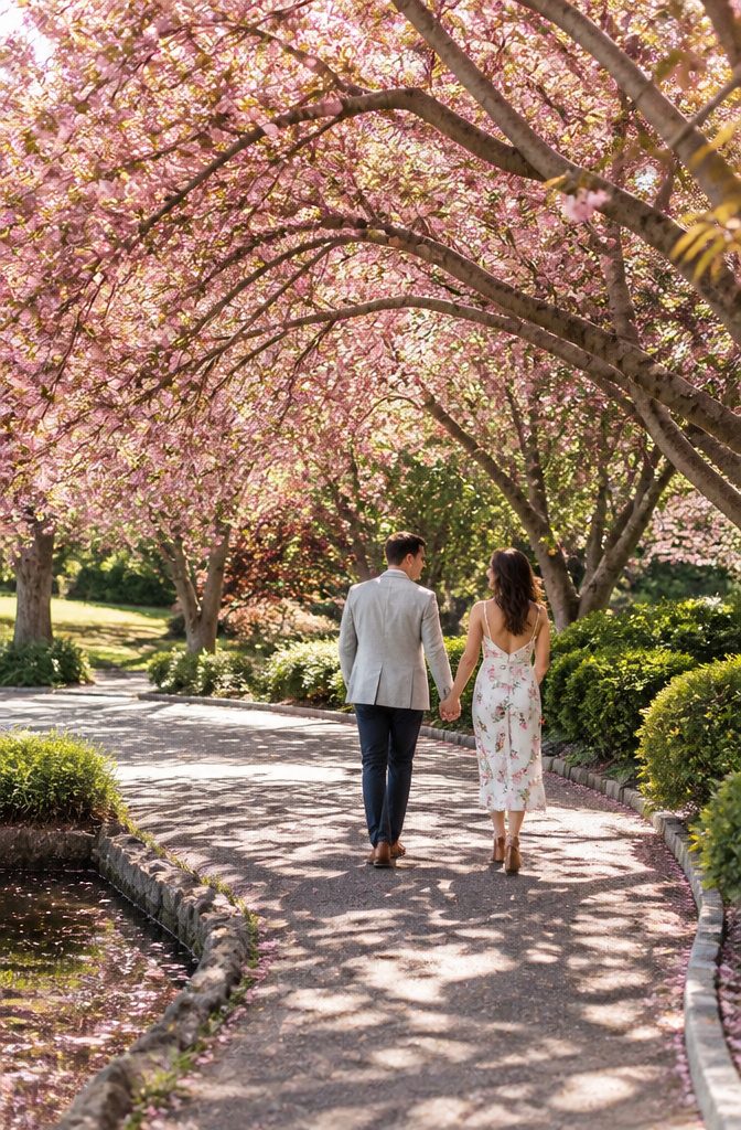 Luxury Wedding Photography: Styles and Services That Define the Field 5 A couple enjoying a stroll in a park during their engagement session.