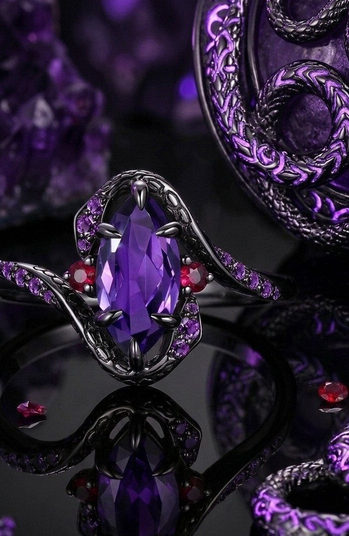 Precious Stones Jewelry: 11 Ideas From Emerald to Gold Bangles 1 A dark metal ring with a large marquise-cut purple amethyst gemstone and small red accents.