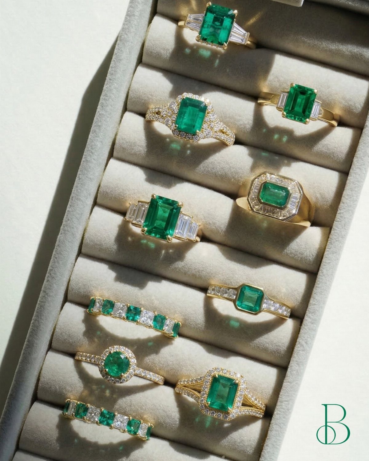 Precious Stones Jewelry: 11 Ideas From Emerald to Gold Bangles 4 Emerald gemstone rings with gold and diamond settings displayed in a grey velvet jewelry box.