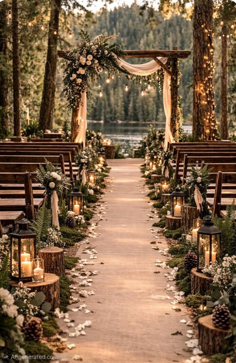 A wooden wedding ceremony aisle decorated with lanterns, flower petals, and a floral arbor overlooking a lake.