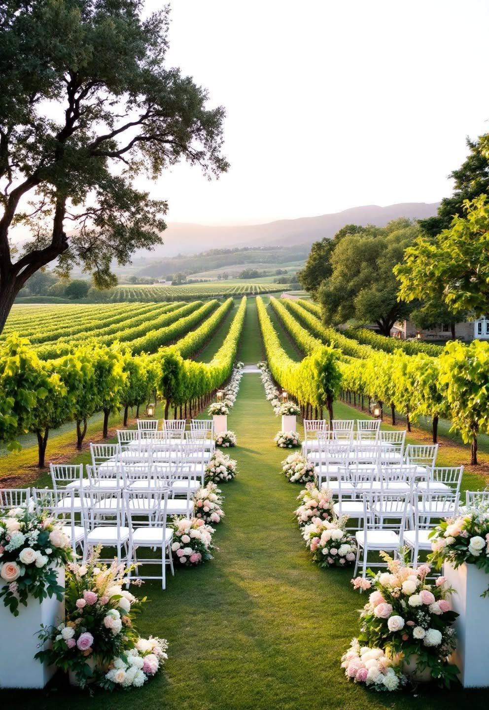 White wedding chairs arranged in rows on a grass aisle between rows of green vineyard vines.