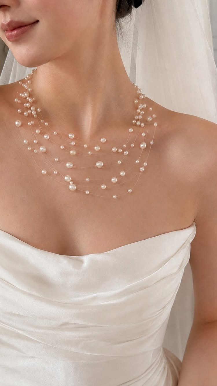 Wedding Dress with Pearl Necklace: 5 Styling Ideas That Work 2 A woman wearing a white wedding dress and a multi-strand pearl necklace.