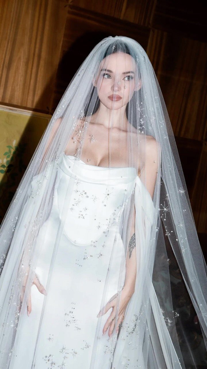 A woman in a white embellished wedding dress and a sparkling sheer veil posing indoors.