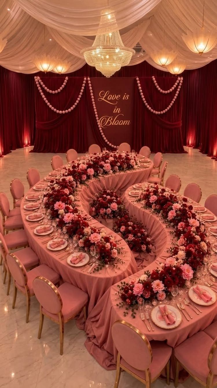 A long serpentine wedding table decorated with pink linens and lush red floral arrangements in a ballroom.