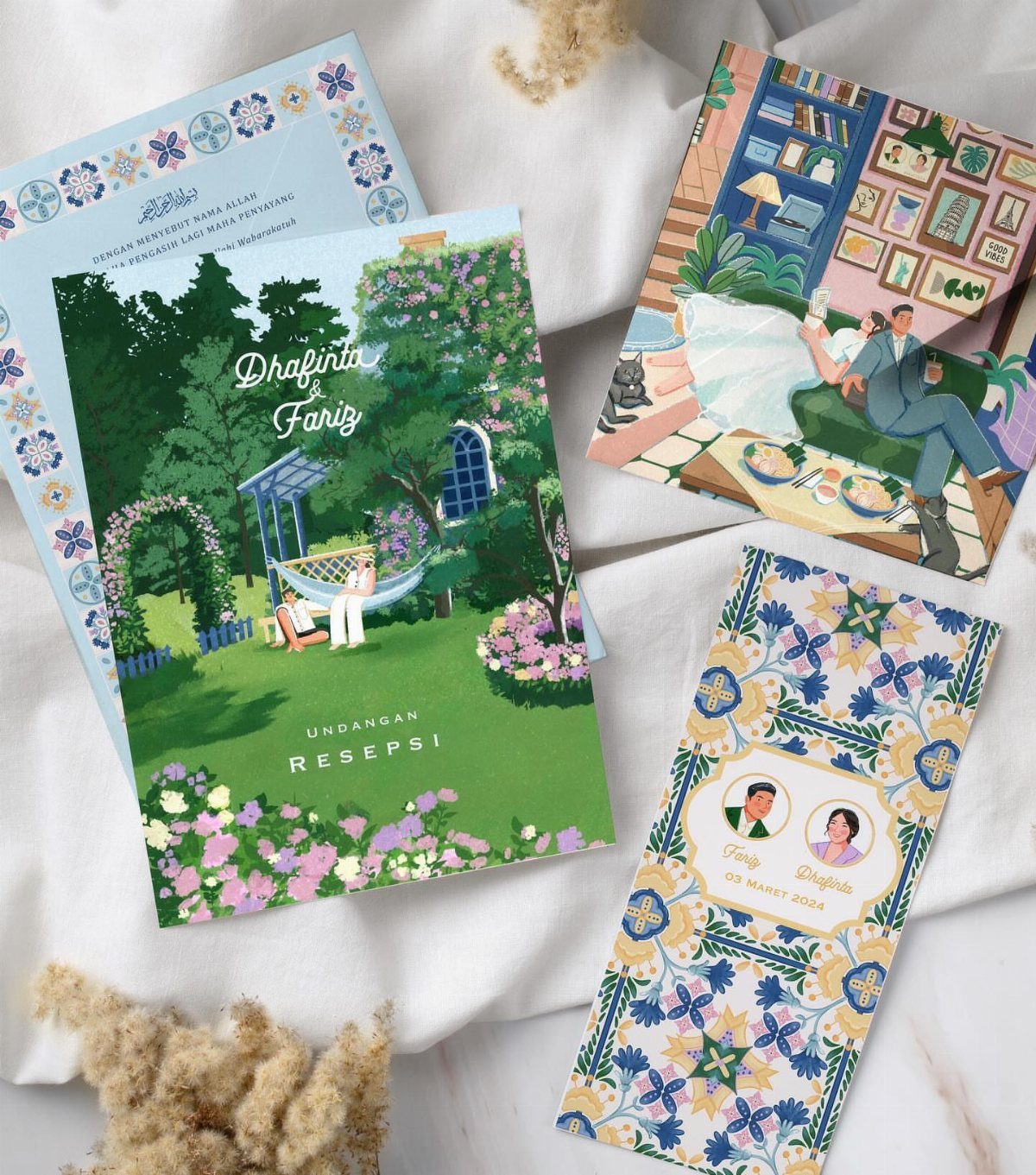 Three illustrated wedding invitation cards with colorful garden and room scenes on white fabric.
