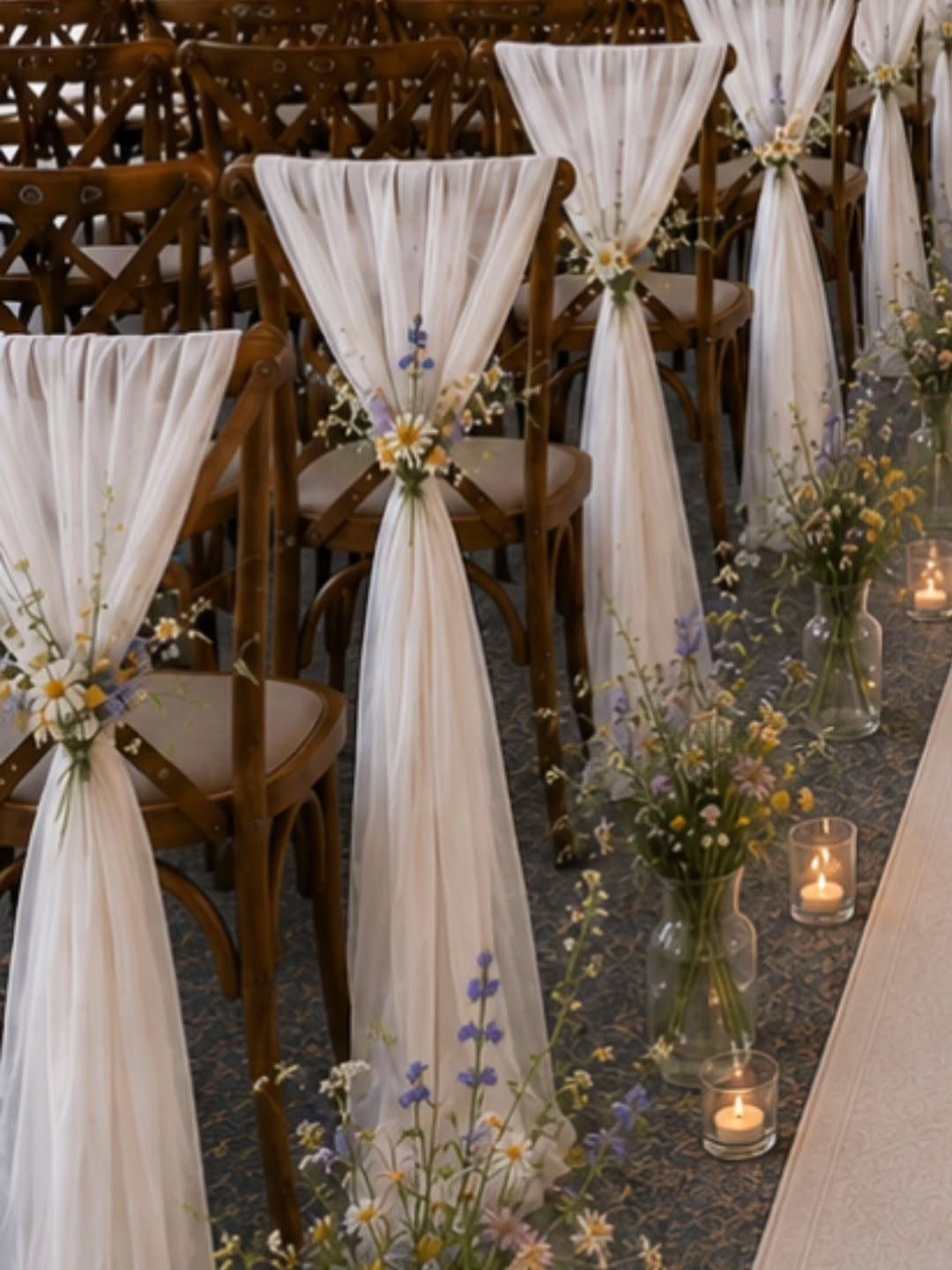 Wooden ceremony chairs decorated with white tulle and wildflowers lining a wedding aisle.