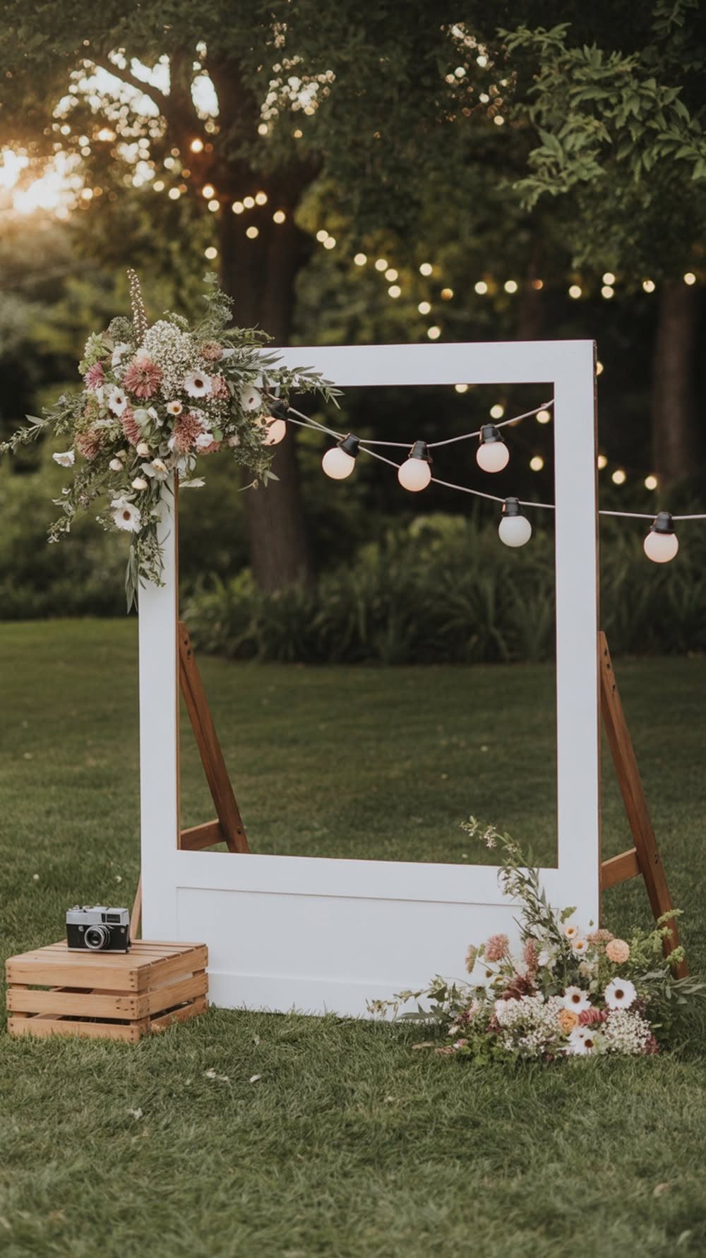 A large white decorative frame with flowers and lights stands on a lawn.